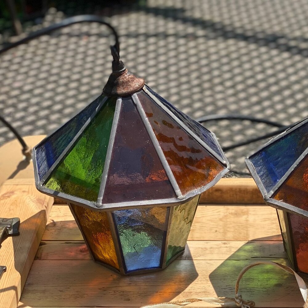 Vintage Stained Glass Hanging Lamps Pair Handcrafted Octagon Lantern Lights